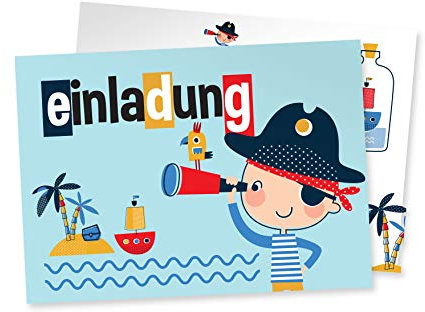 Friendly Fox Pirat Einladung, 12 Piraten-Geburtstag Einladungskarten für Kindergeburtstag Junge Mädchen, Einladung kleiner Pirat auf See, Piraten Party, Ahoy