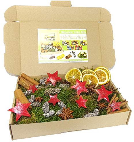 MGS SHOP Deko - Mix Weihnachten Bastelset kreative Idee Natur Dekoration Moos Anis Zimt Orangen Kokosstern (ROT glänzend)