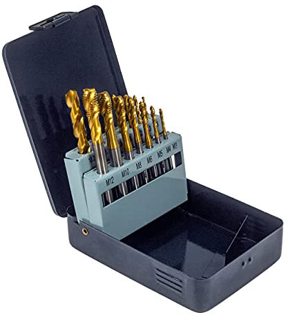 WSH-TOOLS Maschinengewindebohrer Set Sackloch M3, M4, M5, M6, M8, M10, M12 HSSE-Co5 Metallkassette 14-teilig TiN