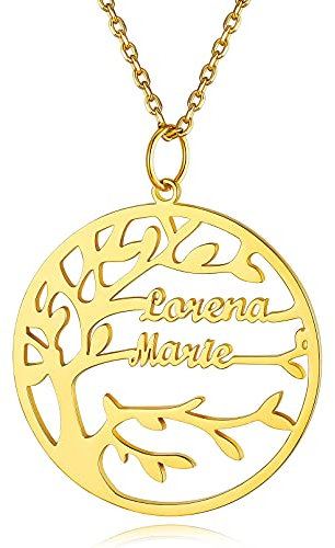 Custom4U Collar Arbol de Vida Plata de Ley 925 con 3 Nombres Personalizados Chapado en Oro Amarillo 18K Colgante Personalizado Familia