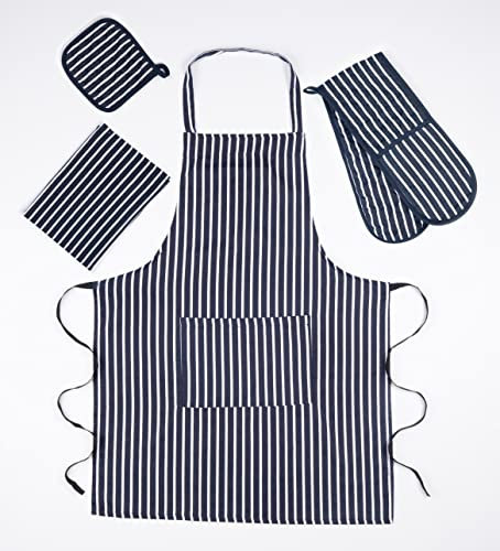 Casa D'Or Double Oven Gloves Set with Apron Heat Resistant Oven Mitts for Home Kitchen Baking and Cooking, Butchers Stripe Pot Pan Tray Double Oven Gloves Set (Navy)