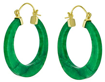Grüne Jade Echte Edelstein Grüne Runde Bambus Jade Hoop Ohrringe Für Frauen 14K Gold Plattiert .925 Sterling Silber 1,2 Zoll-Durchmesser