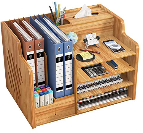 Updated Wooden Desk Organiser, Large Capacity Desk Tidy Storage Holder Sorter DIY Office Supplies Storage Box for A4 Papers, Books, Document and Notebook (JB07 Cherry Wood)