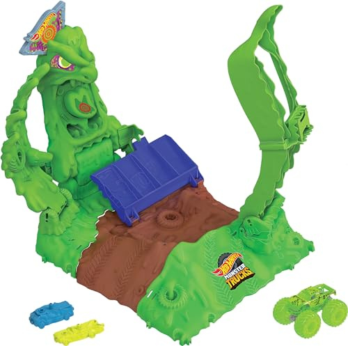 Hot Wheels Monster Trucks Arena Smashers Glow-in-The-Dark Gunkster Spielset mit 1 Glow-in-the-Dark-Gunkster-Spielset im Maßstab 1:64 und 2 knautschbaren Autos