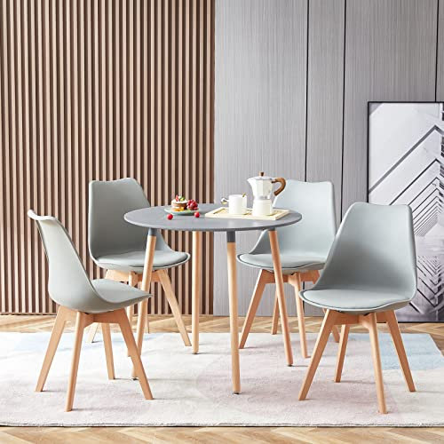 FURNITABLE Set aus Runder Esszimmertisch mit 4 Grauen Stühlen | Essgruppe 5-teilig | Esszimmergruppe für Esszimmer Küche Wohnzimmer | Grau Tisch