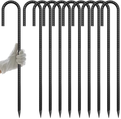 AAGUT Bewehrungsstab-Erdspieße (61 cm), robust, 1,27 cm J-Haken, Zaunanker, gebogener Stahl, Gartenpfahl, Hofspikes mit scharfem Ende für Camping-Zelt, schwarz pulverbeschichtet, 10 Stück