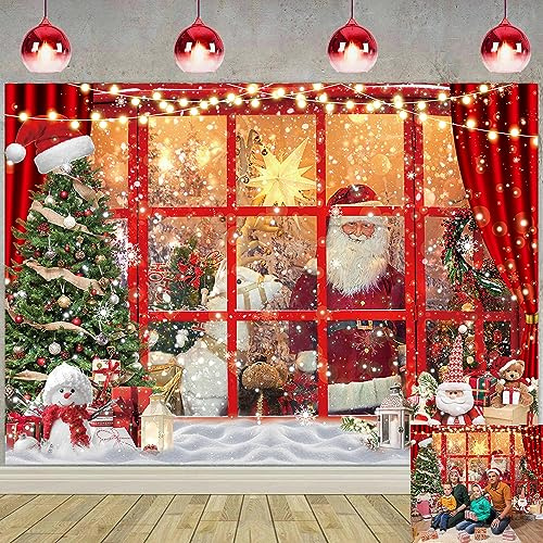 Weihnachts-Weihnachtsmann-Fotohintergrund, Weihnachtsbaum, Winterladen, rotes Fenster Geschenke Hintergrund Frohe Weihnachten Schneeflocke Kinder Familie Party Dekoration Hintergrund 210 x 150 cm