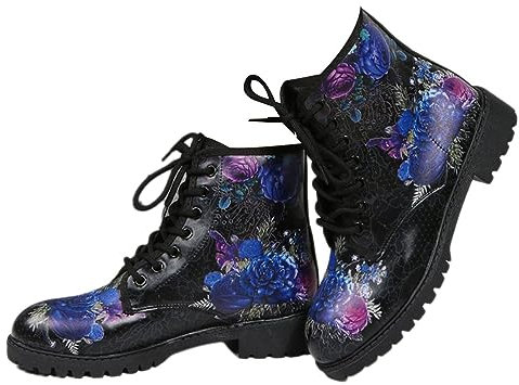 Onsoyours Stivali da Donna Gotici Chelsea Autunno E Inverno Punk Stivaletti da Motociclista Stivali alla Caviglia con Tacco a Blocco Stampa Gotica Punta Tonda Stivali Corti B Stampe-10 41 EU