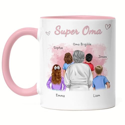 Kiddle-Design Oma Tasse Rosa personalisiert 4 Enkel Muttertag Geschenk Geburtstagsgeschenk - Geschenk Omi mit Enkeltochter Enkelsohn - Beste Oma der Welt