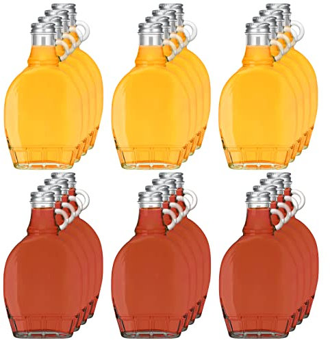 meekoo Lot de 24 bouteilles de sirop en verre de 141,7 g avec couvercle en aluminium et poignée en boucle - Bouteilles de sirop d'érable en verre avec 4 entonnoirs pour stockage de potion, jus, lait,