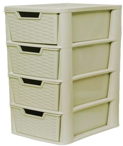 SIDSONS Large Plastic Rattan Style Storage Drawer (Rattan/Cream, 4 Tier)