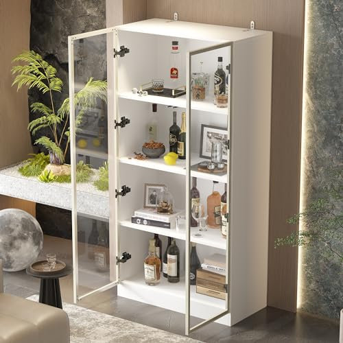 PREMTURE Glasvitrine Vitrinenschrank mit Glastüren und Beleuchtung, Glasvitrine Stehend mit 4-stufigen Einlegeböden, Pop-up Design,Vitrine mit Glastüren weiß,gehärtetes Glas MDF