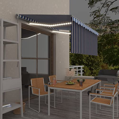 ShCuShan Gelenkarmmarkise mit Volant & LED Markisen FüR Den Balkon Gelenkarmmarkise LED Sonnensegel Teleskop Markise Balkon 3x2,5 m Blau & Weiß