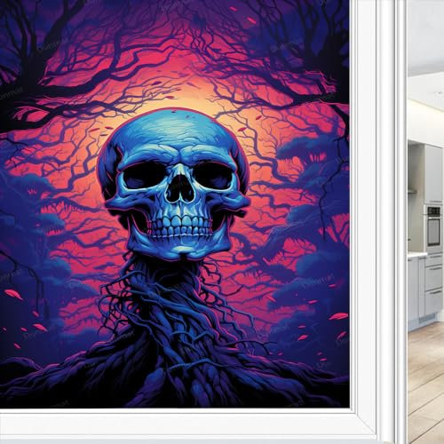 Sichtschutzfolie mit abstraktem Skelett, mystischer Zweig, rustikaler Totenkopf, Buntglas, Fensterfolie, dekorative Fensterfolie für Fenster und Glastür, Sonnenblockierung, 70 x 120 cm