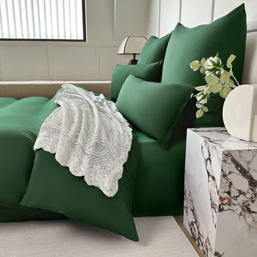 Amolavet Sommer Bettwäsche 200x200 3teilig Set Dunkelgrün aus Gebürstetem Mikrofaser Sommerbettwäsche 200x200 Bettbezug 200x200cm + 2 Kissenbezüg 80x80cm Mit Reißverschluss für Doppelbett