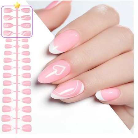 Gelike ec Press On Nails - Gel Faux Ongles à Coller Français de couverture Court en amande pour la qualité du salon, Rose Sakura Capsule Americaine Ongle 160pcs 12 sizes (français avec)