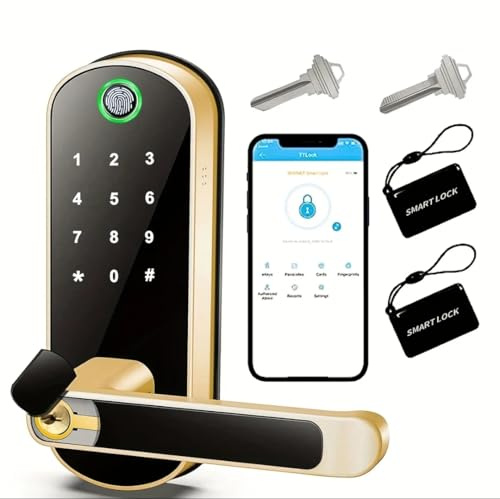 Serratura intelligente con tastiera digitale, impronta digitale e applicazione per smartphone, due carte passa, due chiavi di emergenza incluse (oro)