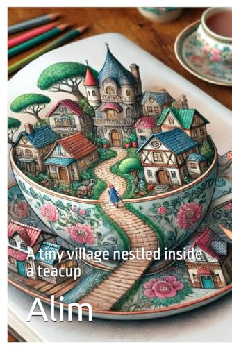 A tiny village nestled inside a teacup, with small houses, a cobblestone path, and trees sprouting: The Teacup Village