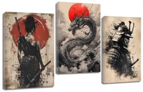 ZQQART Japanische Samurai Wanddekoration 3er Set Geisha Samurai Bilder Drucke japanischer Krieger Leinwandgemälde Wohnzimmer Dekor (Braun,12.00x16.00x3)
