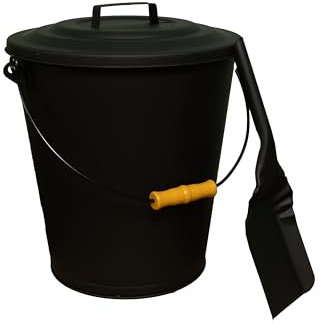 Comfort Glow Ascheeimer mit Schaufel, Holzgriff, dichter Deckel, zur Aufbewahrung von Asche, Anzündholz, Pellets, Holzkohle, sichere Aufbewahrung, Messingverzierung