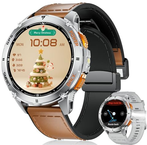 FOXBOX DM4 GPS Reloj Inteligente Hombre, 1.43 AMOLED Smartwatch con LED Linterna para Android iOS, 6 Localización por Satélite, IP68, Llamadas, 200+ Watch Face,170+ Deportes, Correa de Cuero + Plata
