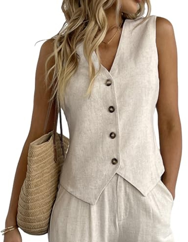 Fakanhui Linneväst för kvinnor V-ringad Button Down Affärsarbete Semester Ärmlös Blazer Väst Jacka, BEIgE, M