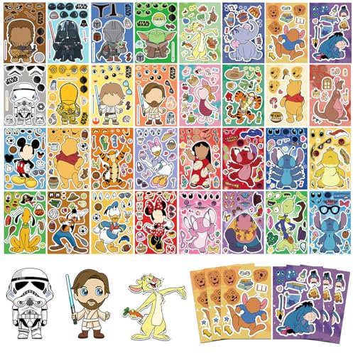 Aufkleber Kinder Set, 32 Blätter DIY Make-a-Face Stickers, Wasserdicht Cartoon Mini Stickers, Niedliche Kleine Aufkleber für Party Zubehör und Geburtstag Mitgebsel Geschenke für Jungen Mädchen
