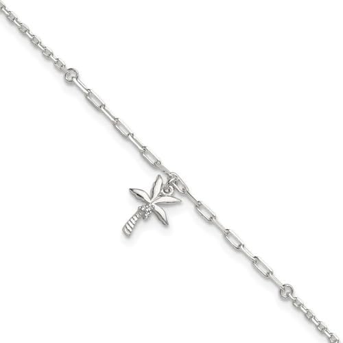 JewelryWeb 2mm 925 Sterling Silver Polished Cubic Zirconia Palm Tree Plus 3 Centimeters Extension Anklet 23 Centimeters- Anklet for Women