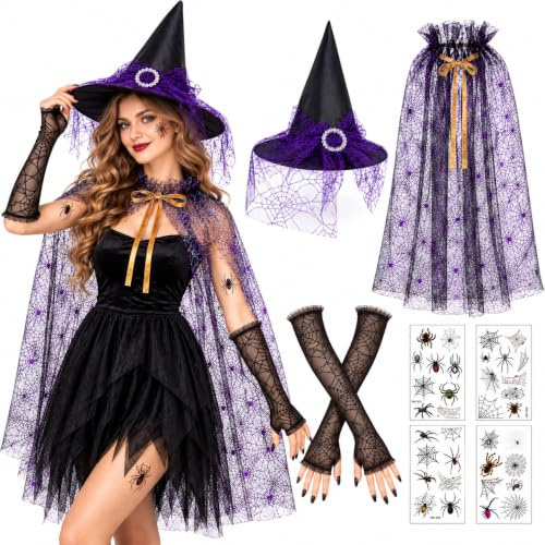 NebulaGlam Halloween Damen Hexen Kostüme Spinnen Kostüm für Erwachsene Frauen Netz Umhang und Hut Spinnenhandschuhe Spinnenaufkleber Party Verkleidung Outfits