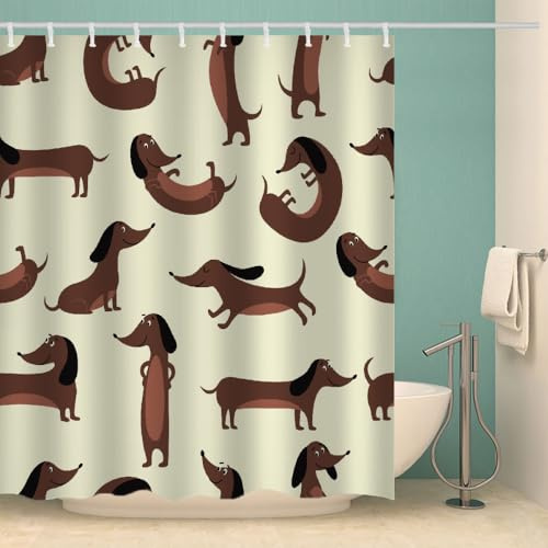 RFFLUX 3D Dackel Duschvorhang Anti Schimmel 180x200 cm mit 12 Ringe Polyester Wurst Hund Duschvorhänge Anti-Bakteriell Waschbar Wasserdicht Badvorhänge für Badezimmer（Stil 14-19）