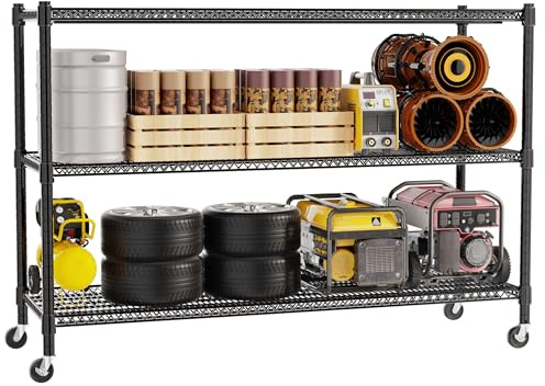 REGILLER 3-Draht-Regal, verstellbar, strapazierfähig, Metall-Organizer, Drahtregal für Wäsche, Badezimmer, Küche, Speisekammer, Schrank, Garage, Regal mit Rad (schwarz, 61 cm T x 150 cm B x 120 cm)