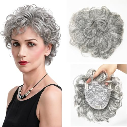EREEHAIR 100 % Echthaar-Topper mit Pony, für Damen, 15,2 cm, kurzes, lockiges Toupet-Top-Haarteil, Perücke, gewellt, lockig, Haarteil, Upgrade, große Basis, 13 x 14 cm, 360° volle Abdeckung, Salz und
