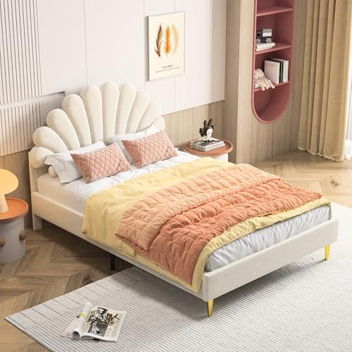 CDQL Polsterbett Kinderbett 140x200 cm mit Geblümtem Kopfteil, Bettgestell mit Lattenrost, Bett mit goldenen Eisenbeinen, Mädchenbett, Doppelbett, Jugendbett, Samtstoff, Beige