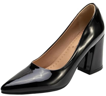 XINXINIO Pumps med spetsiga tår och blockklack | 8 cm klack av glänsande syntetiskt lackläder | halkfri gummisula | Många färger för arbete och fritid