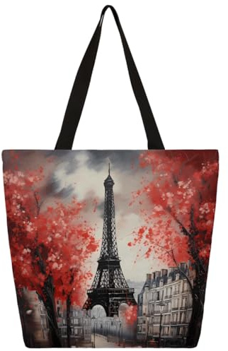 Entemne Grand sac fourre-tout en toile pour femme, motif Paris Eiffel, peinture à l'huile, sac d'épicerie avec poche zippée, réutilisable, respectueux de l'environnement, sac à bandoulière pour le
