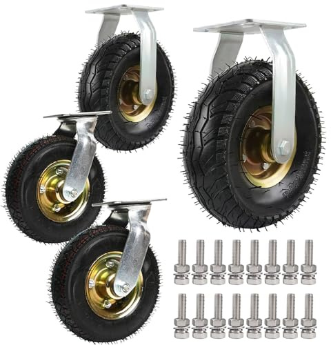 Schwerlast-Lenkrolle mit Luftbereifung, Stahlplatte, Gummirad, Doppelkugellager, geräuscharm, rutschfeste Platte, zum Bewegen von Möbeln/Tischen/Transportwagen/Werkbänken (fest 20 cm/8 Zoll)