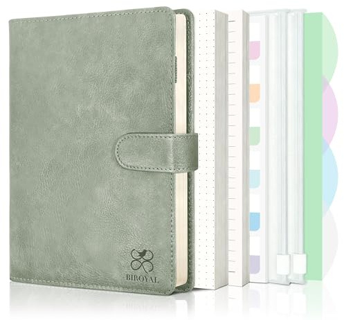 BIROYAL Notizbuch Ringbuch A5 Nachfüllbar, 6 Loch A5 Binder, Rasengrün | PU Ringordner A5 mit 135 Blatt Nachfüllpapier, mehrere Fächer, Flexibel anordnen - Bullet Journal Budget Planner Kalender