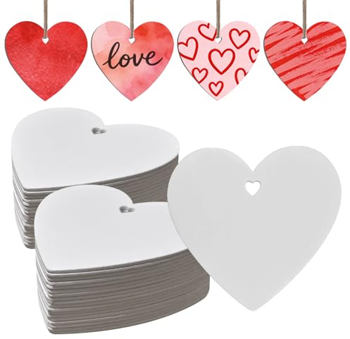48 x Wooden Hearts with Holes Crafts, 70MM White Wooden Hearts 10M String | Wood Heart Embellishments for Hanging, Wood Love Heart Slices for Wedding Decoration DIY Arts Crafts Party