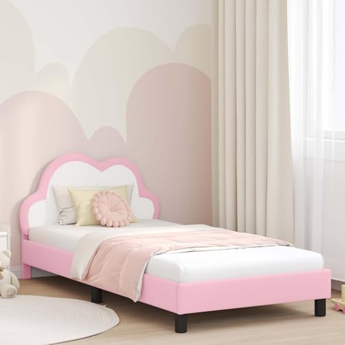 QUAHEAS Kinderbettgestell mit Kopfteil Rosa 90x200 cm, PU-Leder, Einzelbett, Plattformrahmen, Holzwerkstoff, Stauraumtaschen, 140 kg Belastbarkeit