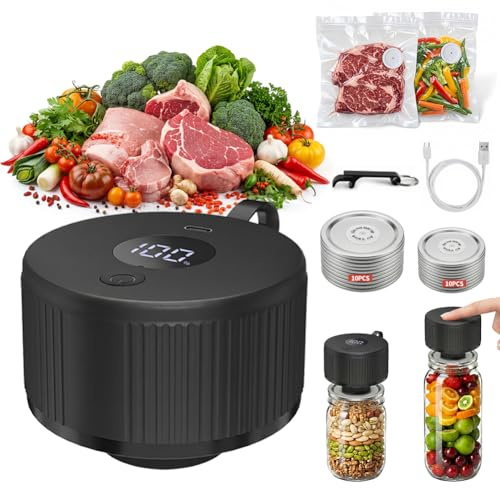Caijin Vakuumierer für Gläser, Elektrischer Vakuumierer mit LCD Anzeige, Mini Tragbarer Mason Jar Vakuum Sealer Kabellos mit Weithals und Standardöffnung sowie für Vakuumbeutel, Schwarz