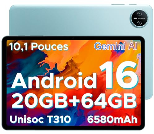 Tab A9 Android 16 Tablet 10 Pollici, 20 GB RAM + 64 GB ROM (TF 2 TB), Gemini AI, 6580 mAh, Unisoc T310, 1280 * 800 IPS, WiFi 5, Doppio Altoparlante, 8MP+5MP, Bluetooth 5.0/Face ID/Jack da 3,5 mm, Blu