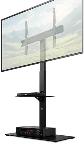 Futura Floor TV Stand for 30–75 Inch TVs, Swivel, VESA 600x400, 1x Shelf | Supports TVs up to 40kg with 37° swivel, 6 height settings, 10kg media shelf, glass base, cable management and VESA 600x400.