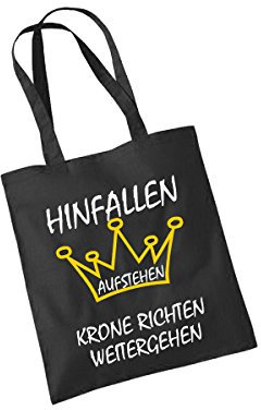 clothinx - Hinfallen aufstehen Krone richten weitergehen - Baumwolltasche Schwarz, langer Henkel