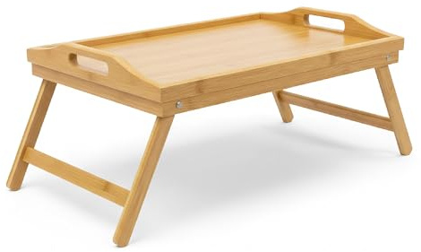 Bamboo Folding Serving Tray Size: 21.5 x 47 x 27 cm Foldable Bed Table Serving Tray for Breakfast and Snacks and Lap Table or Knee Table with Handles Easy to Clean, Natural Brown