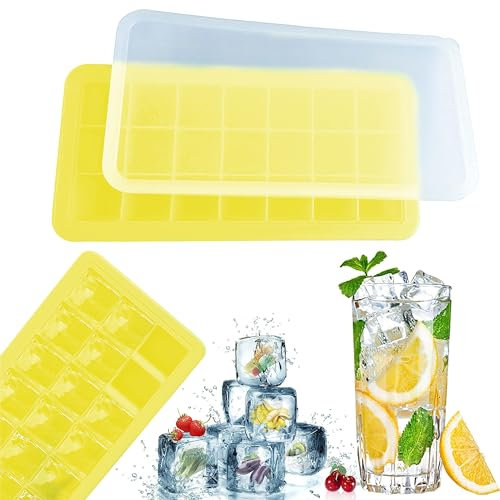 Yellow Silicone Ice Cube Tray 21 Cavity BPA Free Easy Release Stackable Freezer Safe Flexible Mould with Lid for Baby Food Cocktails Whiskey Juice Dishwasher Safe - 27cm
