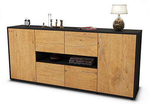 Stil.Zeit Sideboard Farina, Korpus anthrazit matt, Front Holz-Design Eiche (180x79x35cm) Push-to-Open Technik