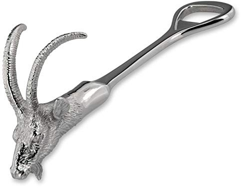 Flaschenöffner Edelstahl 14 cm - origineller Kapselheber silberfarben, poliert & spülmaschinengeeignet, mit Steinbockkopf im Geweih-Design, ideal für Jagd, Grillabend & Geschenkidee