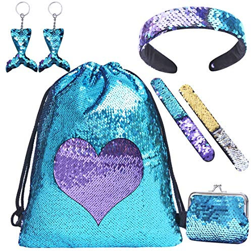 htbakoi Rucksack mit Pailletten, wendbar, für Mädchen, mit Armbändern, Taschen, Schlüsselanhänger und Rucksäcken, Geschenk für Mädchen von 7 bis 10 Jahren, Größe 45 x 35 cm, Farbe Blau