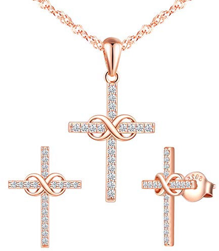 INFINIONLY Women's necklace pendant and women's Earrings, 925 sterling silver Jewellery Sets, Infinity symbol and cross element, Rose gold, Inlaid zircon, Christmas Mother's Day and Birthday gift