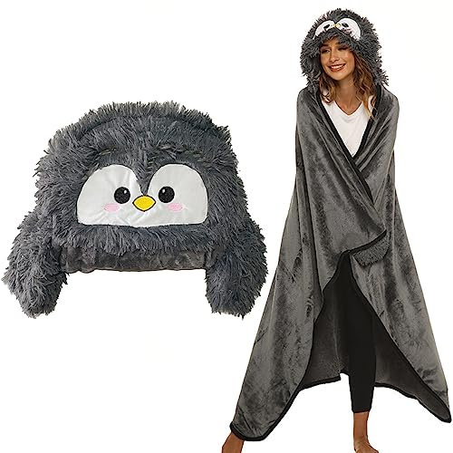 Geschenke für Frauen, Tragbare Decke für Frauen, Pinguin Geschenk für Frauen, Sofadecke Pinguin Decke Warmer Kuscheldecke Flauschig, Decke mit Hut und Handschuhen,150 x 125 cm, Dark Grey-Pinguin